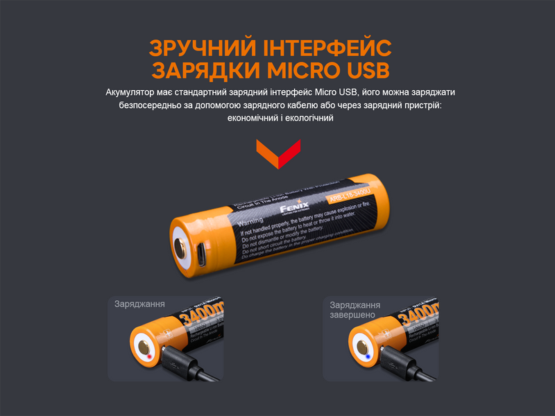 Акумулятор 18650 Fenix (3400 mAh) micro usb зарядка 94950 фото