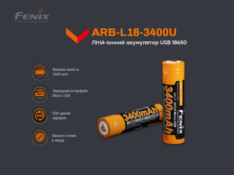 Акумулятор 18650 Fenix (3400 mAh) micro usb зарядка 94950 фото