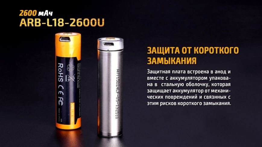 Акумулятор 18650 Fenix (2600 mAh) micro usb зарядка 40698 фото