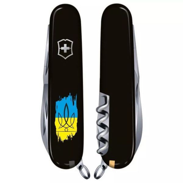 Швейцарский нож Victorinox Huntsman Ukraine 91мм 15 функций Черный Трезубец фигурный на фоне флага (1.3713.3_T1026u) V77552968 фото