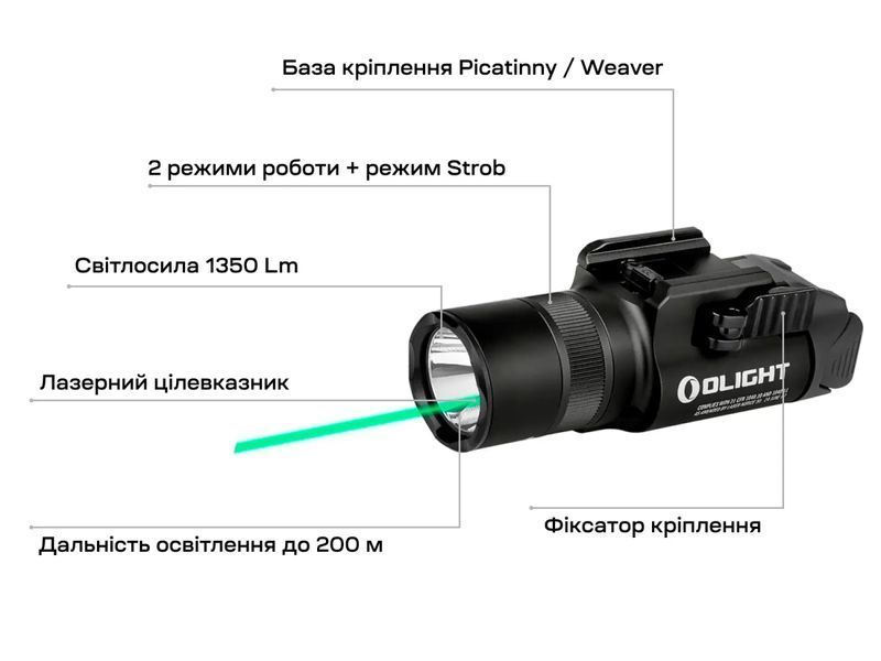 Ліхтар з ЛЦВ Olight Baldr Pro R Black (1350 Lm) Зелений ЛЦВ Baldr Pro R 23703520 фото