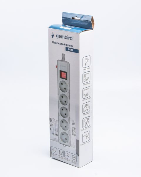 Мережевий фільтр, сiрий, Gembird SPG5-G-15G-PRO, 5 розеток SPG5-G-15G-PRO 1605565 фото