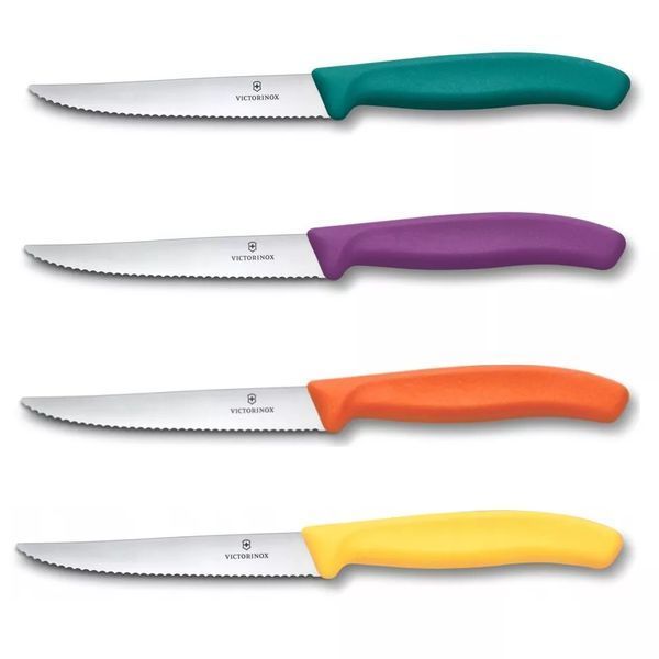 Набор ножей для стейка и пиццы 4 ножа с подставкой Victorinox Swiss Classic Steak&Pizza Block серрейтор разноцветные, пластик Черный6.7126.4C1 V77554376 фото