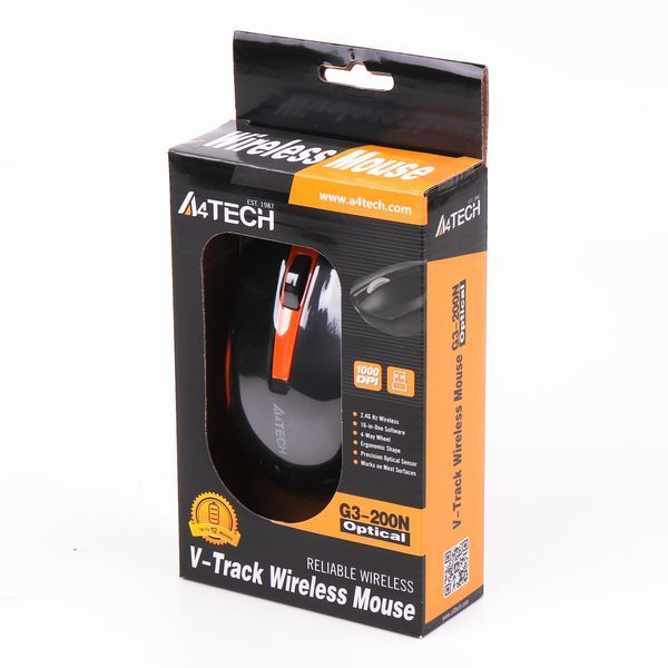 Мышь A4Tech G3-200N USB V-Track, беспроводная, 1000dpi, черная+оранжевый G3-200N (Black+Orange) 1603678 фото