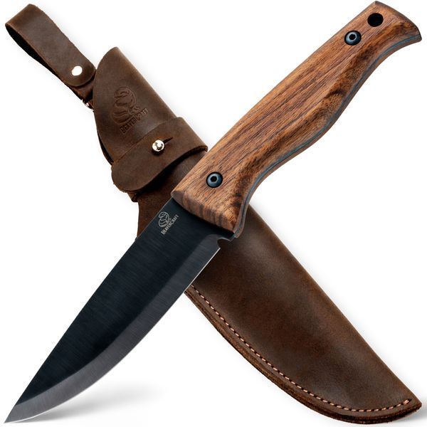 Нож Beaver Craft Bushcraft с вороненым лезвием из углеродистой стали с Ореховой ручкой и кожаным футляром BSH 3 4009236 фото