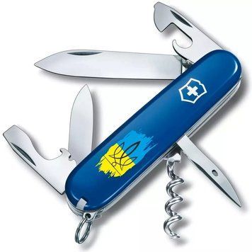 Швейцарський ніж Victorinox Spartan Ukraine 91мм 12 функцій Синій Тризуб фігурний на фоні прапора (1.3603.2_T1026u) V77553041 фото