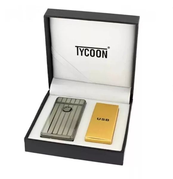 Електроімпульсна USB запальничка Tycoon на дві дуги чорний лід смужка подарункова коробка (100668) V77550441 фото