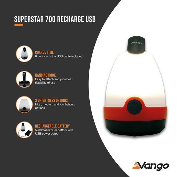 Ліхтар кемпінговий Vango Superstar 700 Recharge USB Orange (ACSLANTRN3KTW37) 929685 фото