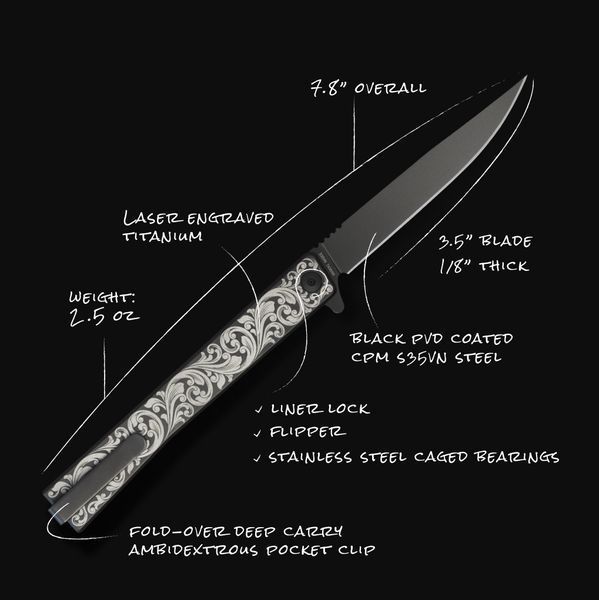 Ніж Ocaso Solstice Engraved titanium Scroll Pattern Black 10ESB 4009337 фото