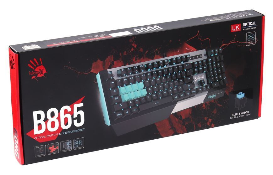 Ігрова клавіатура A4Tech Bloody B865 LIGHT STRIKE, чорна з блакитними та сірими вставками, червоні перемикачі, підсвічування клавіш, USB B865 Bloody (Gun Grey) LK Red 1605119 фото