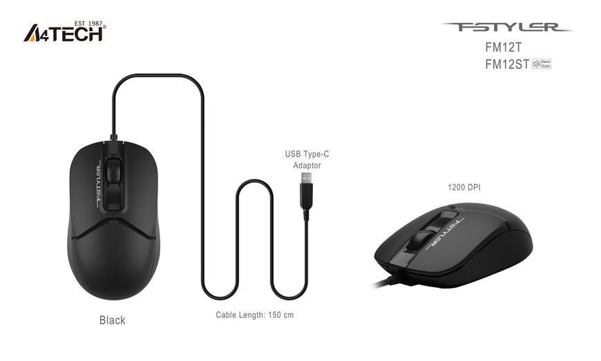 Мышь A4Tech Fstyler FM12ST (Black), USB, цвет черный FM12ST (Black) 1606347 фото