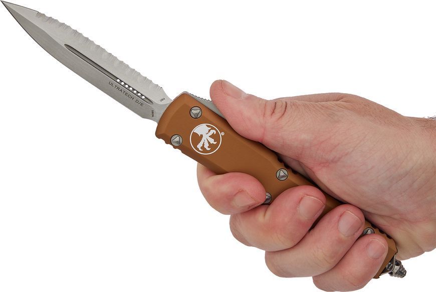 Ніж Microtech Ultratech Double Edge Serrated Stonewash Aluminum Tan 122-12TA 14090618 фото