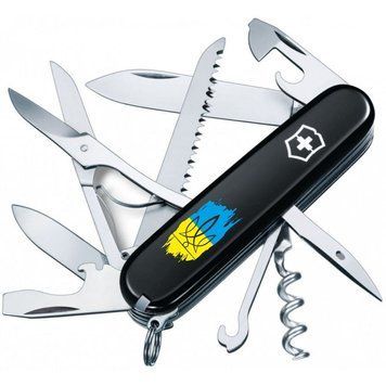 Швейцарський ніж Victorinox Huntsman UKRAINE Тризуб фігурний на тлі прапора (1.3713.3_T1026u) Чорний 612939 фото