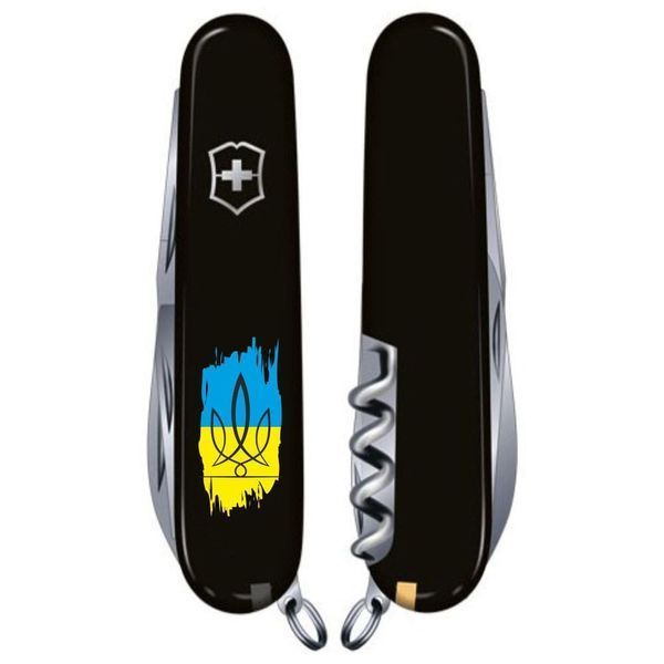 Швейцарський ніж Victorinox Huntsman UKRAINE Тризуб фігурний на тлі прапора (1.3713.3_T1026u) Чорний 612939 фото
