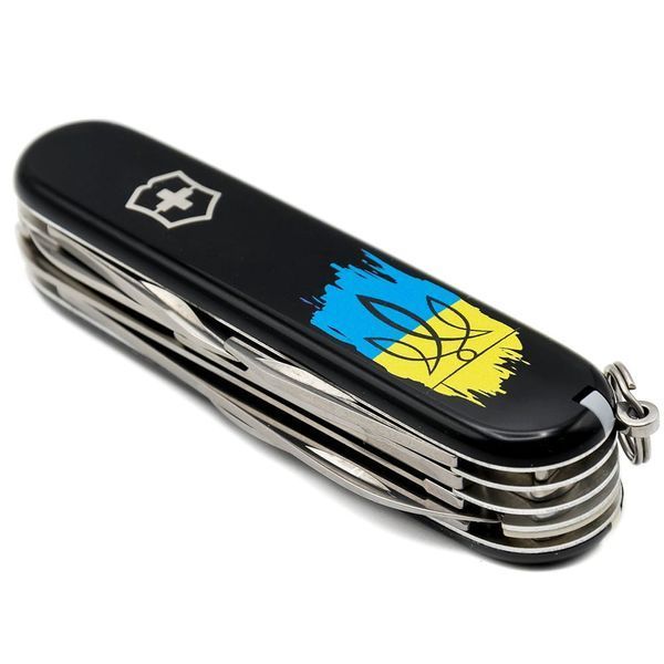 Швейцарський ніж Victorinox Huntsman UKRAINE Тризуб фігурний на тлі прапора (1.3713.3_T1026u) Чорний 612939 фото