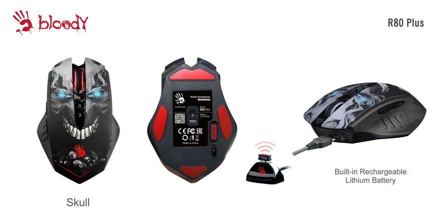 Мышь игровая беспроводная A4-Tech Bloody R80 Plus, черная с рисунком R80 Plus Bloody (Skull) 1605780 фото