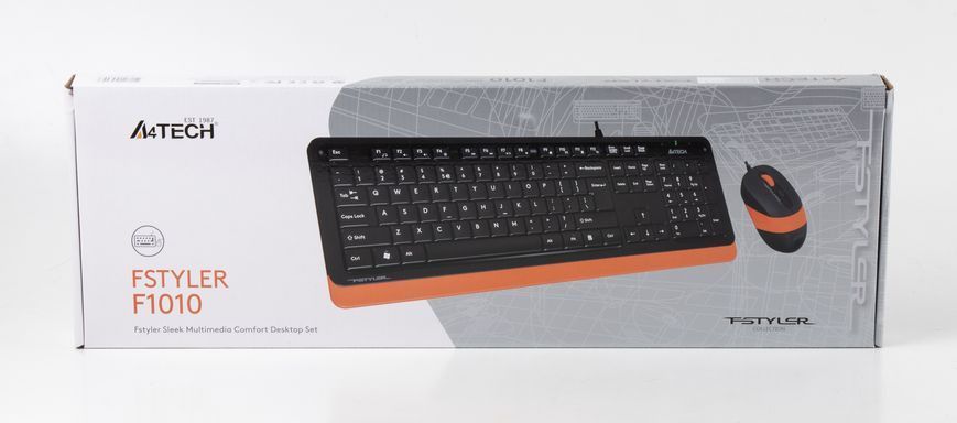 A4Tech Fstyler F1010, комплект дротовий клавіатура з мишою, USB, чорний+помаранчевий колір F1010 (Orange) 1604054 фото