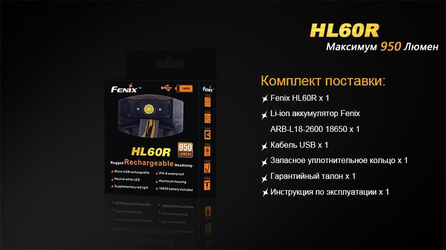 Ліхтар налобний Fenix HL60R Cree XM-L2 U2 Neutral White LED 458090 фото