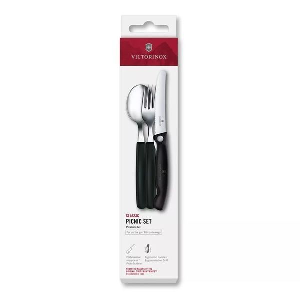 Набір для пікніка 3 в 1 Victorinox SWISS Classic Picnic складаний серрейторний ніж, виделка, ложка, пластиковий бокс 6.7193.3F V77554382 фото