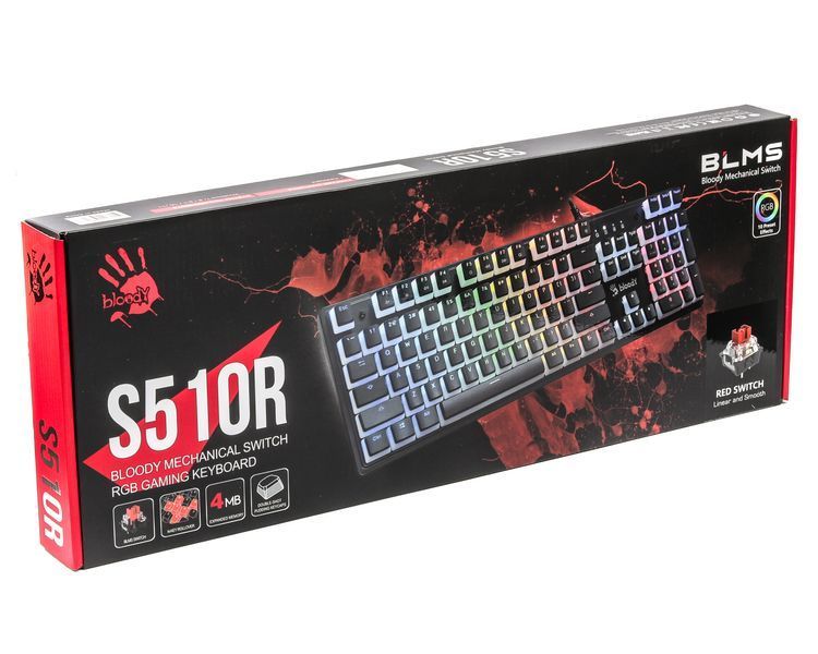Механічна клавіатура A4Tech Bloody S510R, червоні світчі, чорна, RGB підсвічування клавіш, USB S510R Bloody (Pudding Black) 1605945 фото