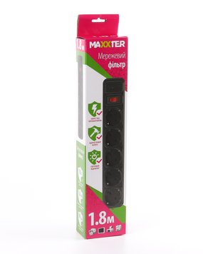 Мережевий фільтр Maxxter SPM5-G-6В чорний, 1.8 м кабель, 5 розеток SPM5-G-6B 1004123 фото